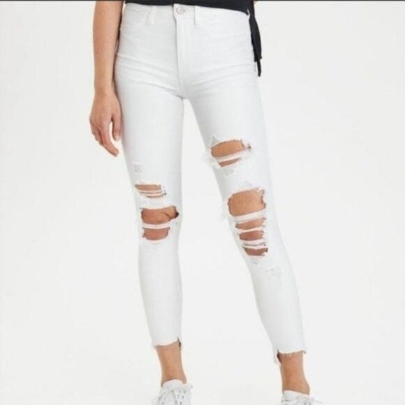 American Eagle Mid Rise Super Distressed Cream Jeggings - Picture 11 of 13